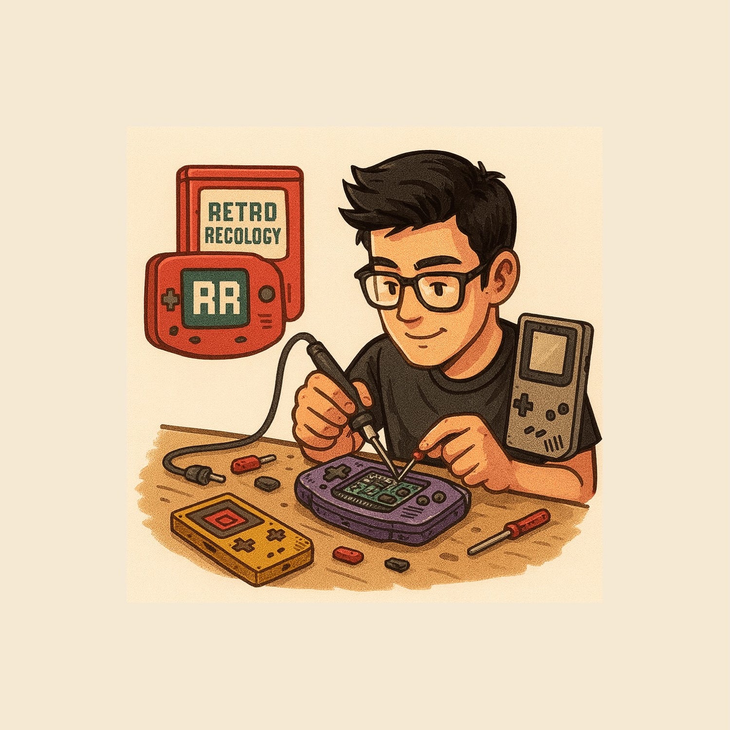 Retro Recology hero image showing custom Game Boy Advance and Game Boy Pocket with RR logo screens