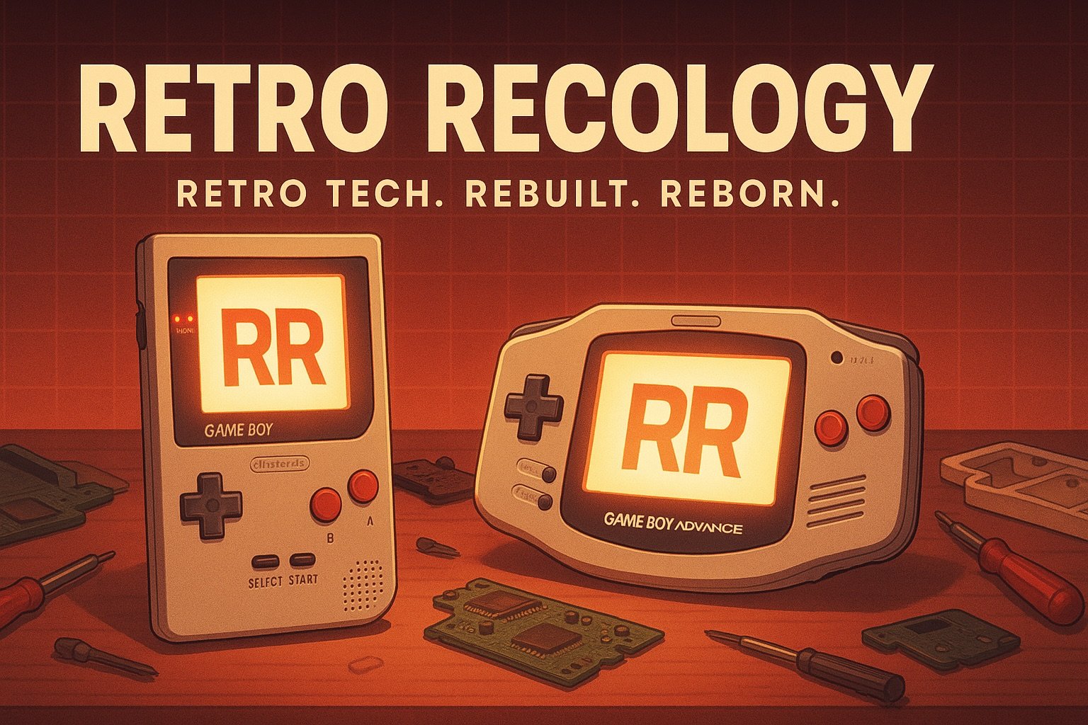 Stylized hero banner for Retro Recology showing a Game Boy Pocket and Game Boy Advance with glowing RR screens on a retro workbench, representing modded handhelds rebuilt and reborn.